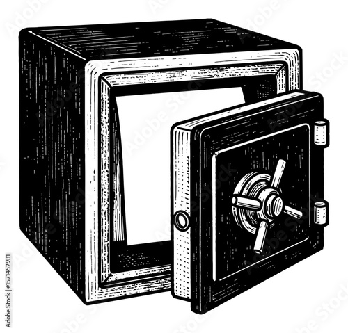 Opened Safe Box with Blank Paper Inside in Black and White Outline Line Art Drawing Style Vintage