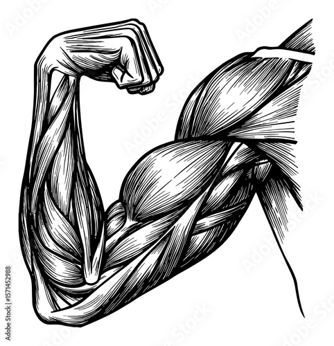 Human Arm Flexing Muscles in Detailed Black and White Outline Line Art Drawing for Anatomy or Fitness