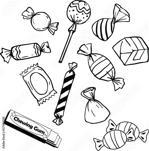 Vector Outline Candy Assortment: Sweet Treats Graphic.