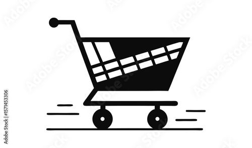 Simple black silhouette of a shopping cart moving quickly with motion lines