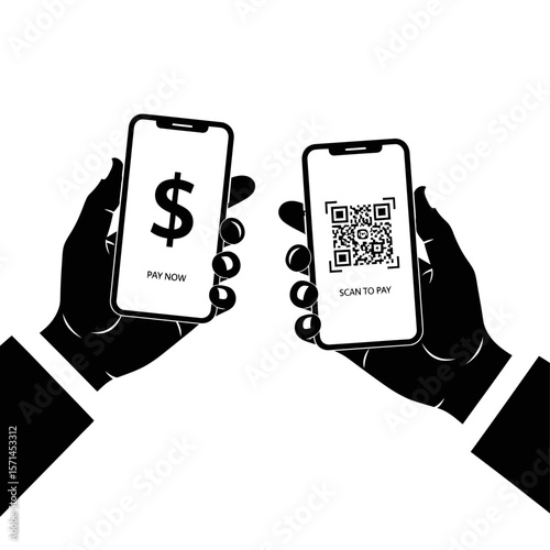 Two hands hold smartphones for digital payment, isolated on white