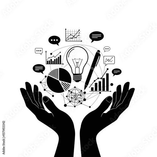 Business icons in hands isolated on white background