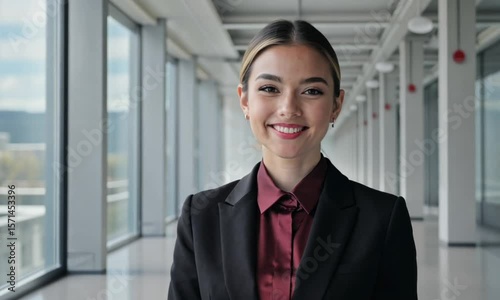 Wallpaper Mural Portrait of a smiling woman in a black suit standing in a bright hallway with large windows and columns Torontodigital.ca