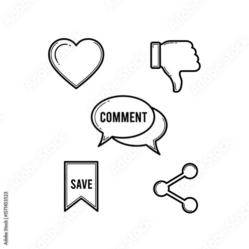 Social media icons representing like, dislike, comment, save, and share