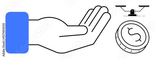 Open hand next to a coin and a balanced scale representing generosity, finance, equality, justice, budgeting, charity, and decision-making. Ideal for concepts thumbs up fairness, financial aid or