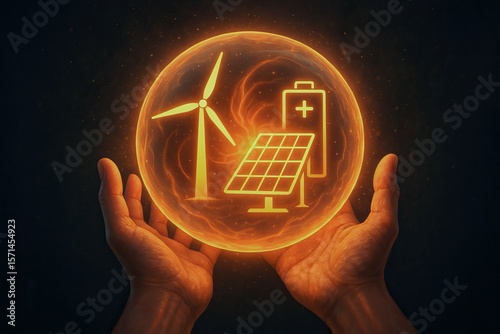 Small-scale renewables support local, sustainable energy solutions. Hands holding a glowing orb containing icons of renewable energy