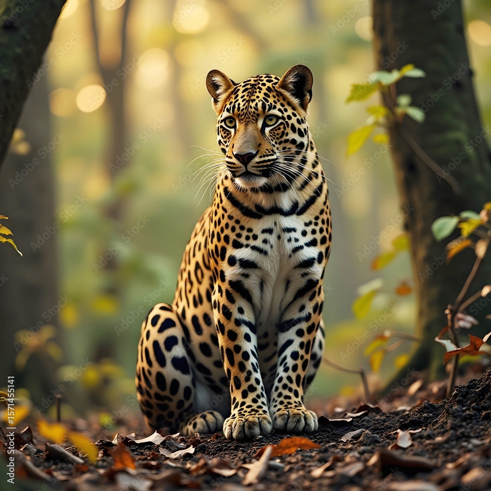 Fototapeta premium A leopard sitting in a golden forest, in the autumn.