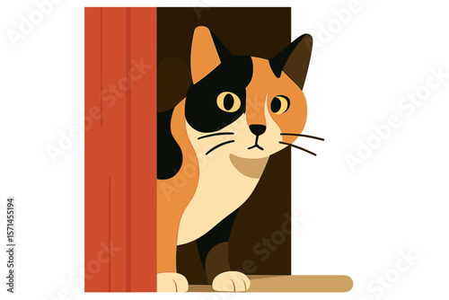 Vector Illustration of a Curious Barn Cat Peeking from Door