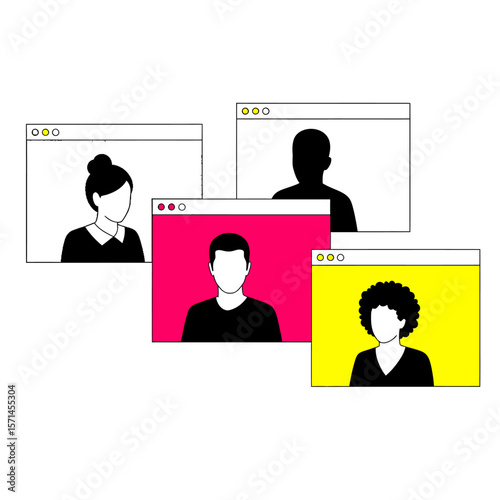 People in video call windows for online conference and communication