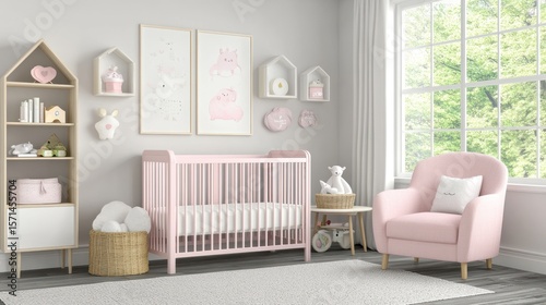 Pink nursery with crib and armchair.