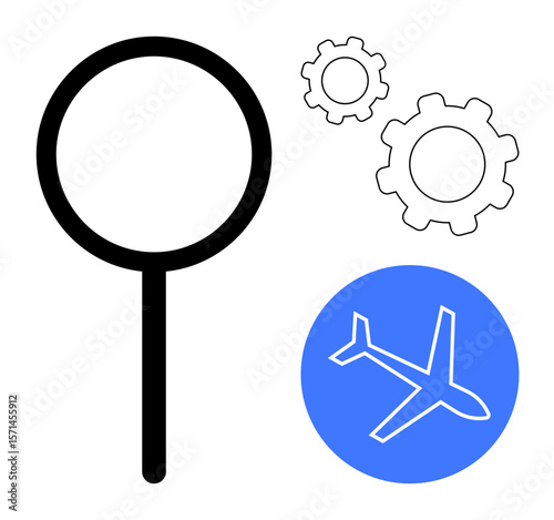 Magnifying glass, two gears, and airplane icon highlight search, optimization, travel, and innovation. Ideal for research, logistics, travel engineering efficiency problem-solving simple landing