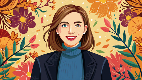 A young woman stands gracefully, her soft smile framed by a black turtleneck and cardigan. Behind her, a tapestry of delicate floral patterns adds charm to the serene portrait setting.
