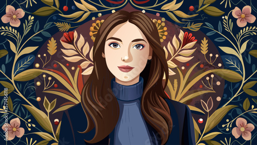 A young woman stands gracefully, her soft smile framed by a black turtleneck and cardigan. Behind her, a tapestry of delicate floral patterns adds charm to the serene portrait setting.
