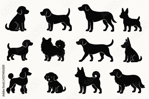 Dogs Silhouette Vector Collection of Multiple Breeds in Various Poses Standing Sitting Walking Black Shapes on White Background