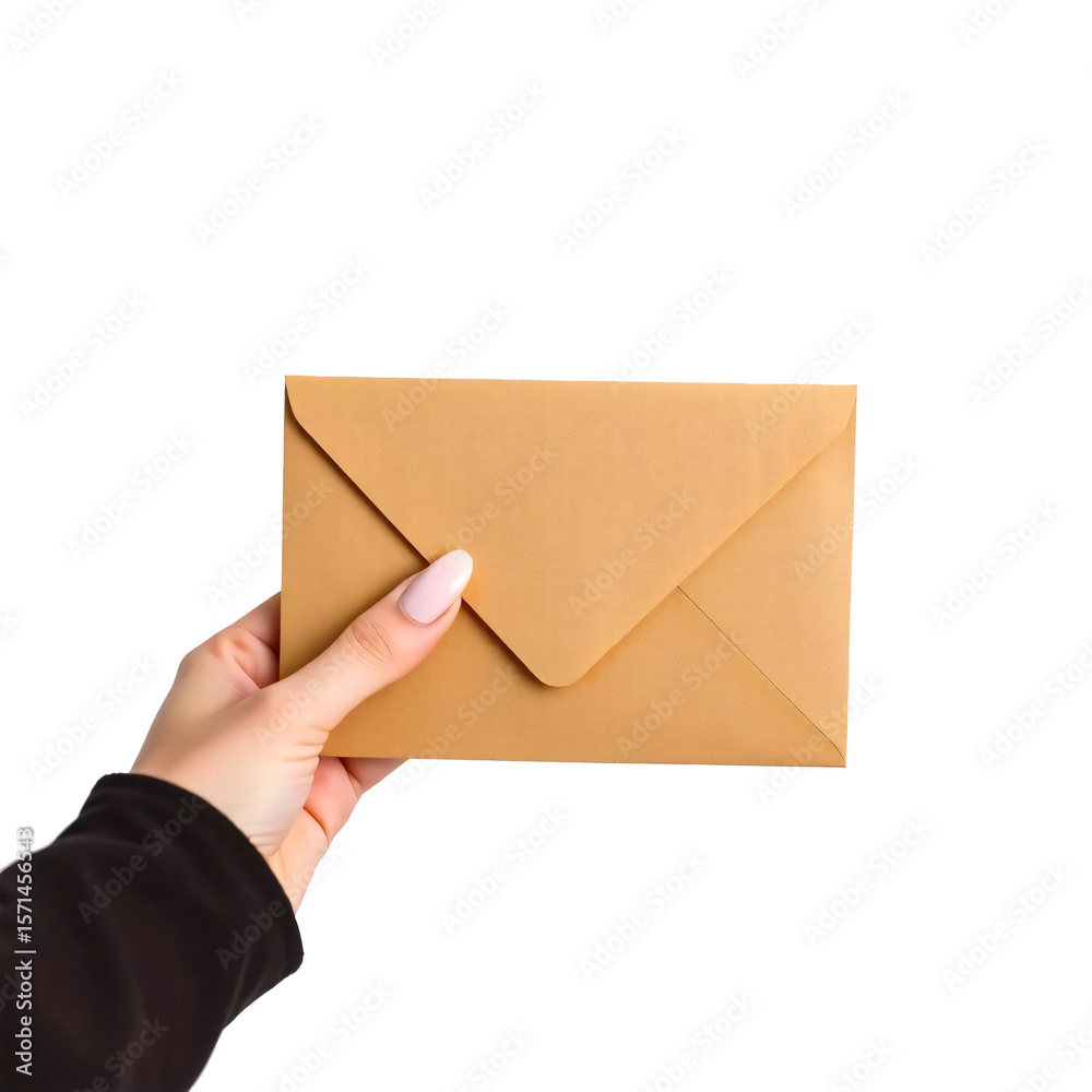 Fototapeta premium Hand holding brown envelope isolated on transparent background