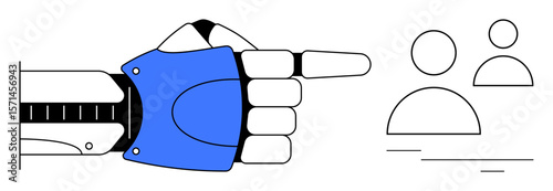 Blue robotic hand pointing at minimal outlined human figures, emphasizing human-robot collaboration, decision-making, innovation, technology advancement, AI integration, teamwork, future potential. A