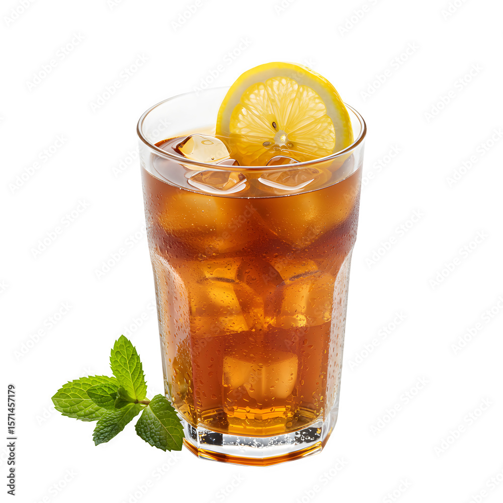 A glass of ice tea with a lemon slice and mint leaf isolated on white or transparent background. PNG A glass of ice tea with a lemon slice and mint leaf isolated on white or transparent background. PNG