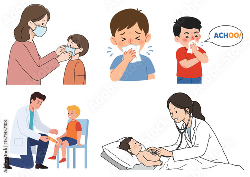Illustrations of people wearing masks sneezing and being examined by doctors