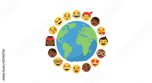 Emojis and faces from diverse backgrounds surround a planet Earth world emoji day