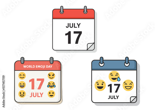 Three cartoon calendars displaying July 17th two with emojis. World Emoji Day