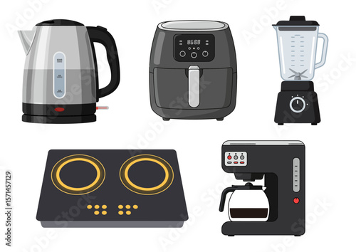 Assorted kitchen appliances are displayed against a white background