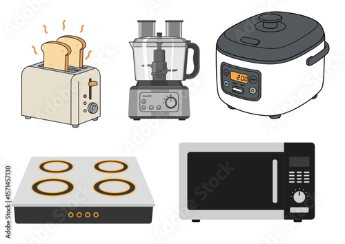 An overhead view of kitchen appliances including a toaster food processor rice cooker stove and microwave