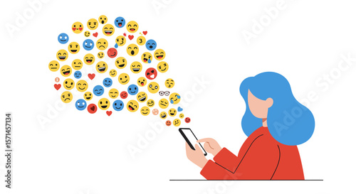 Person texting with a cloud of emojis floating from their phone. world emoji day