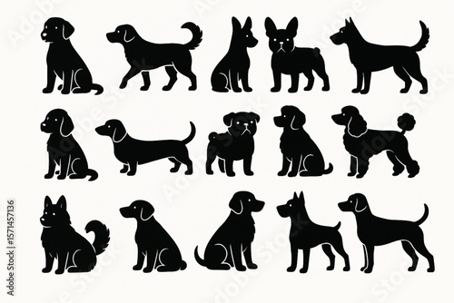 Dogs Silhouette Vector Collection of Multiple Breeds in Various Poses Standing Sitting Walking Black Shapes on White Background