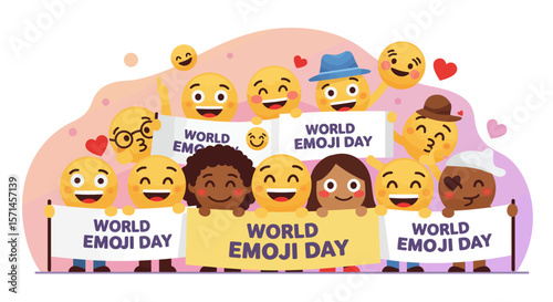 Diverse group of smiling emojis holding World Emoji Day banners