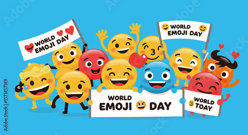 Cheerful emojis celebrating World Emoji Day with signs
