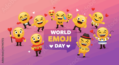 Festive celebration of World Emoji Day with various emojis on a pink and purple gradient background