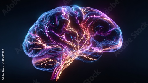 Abstract AI brain circuit glowing with colorful electric connections, deep dark background, vivid neon lines highlighting artificial intelligence concept