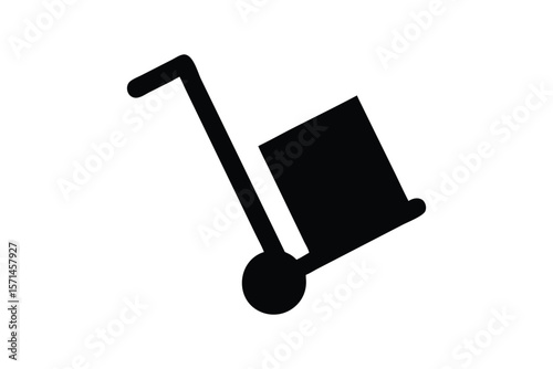 Black silhouette of a hand truck or dolly with a large rectangular box on its platform and a circular wheel at the base.