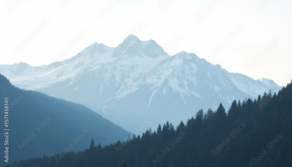 Obraz premium Snow capped mountain range viewed from a forested hillside Distant peaks and valleys under a bright sky