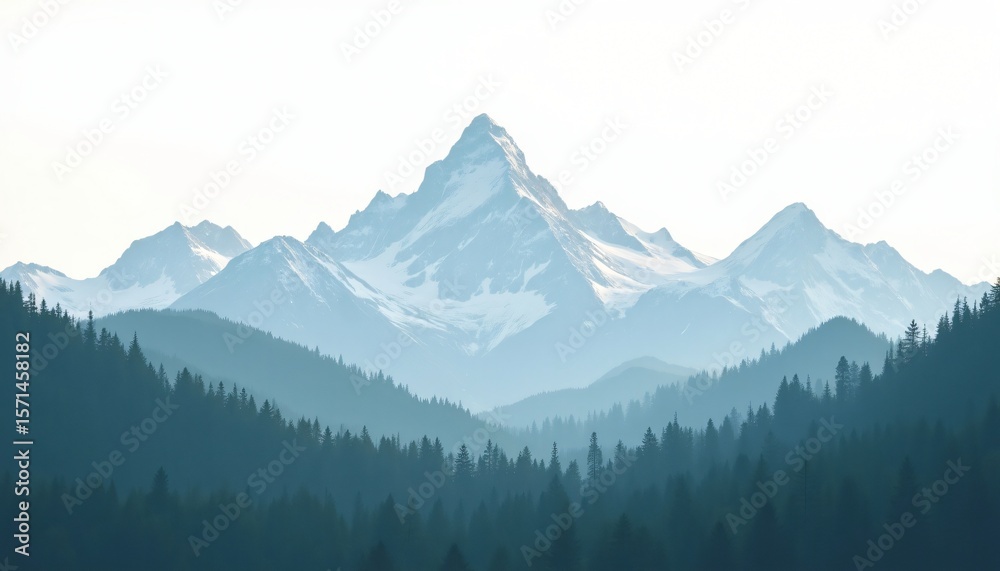 Obraz premium Majestic snow capped mountain range overlooking a dense evergreen forest A serene landscape scene