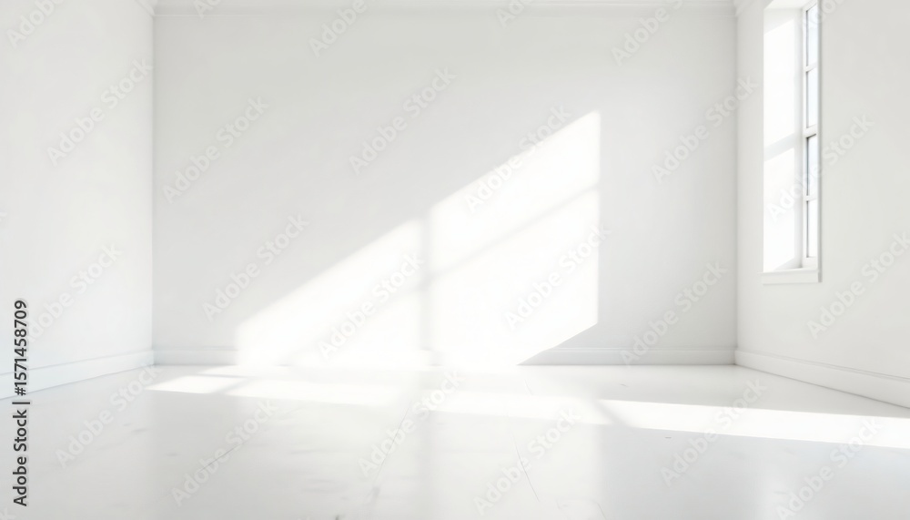 Fototapeta premium Sunlight illuminates empty white room corner white walls floor window empty room