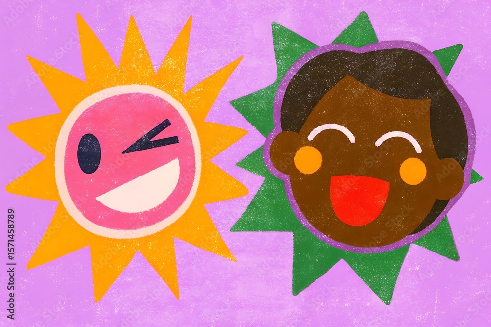 Fototapeta premium Joyful sun and child character duo with playful expressions on a textured purple background
