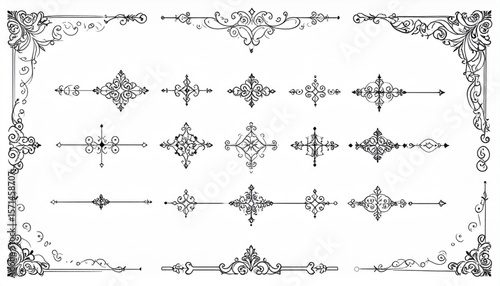 Ornate decorative elements, including borders and dividers, in a vintage style.