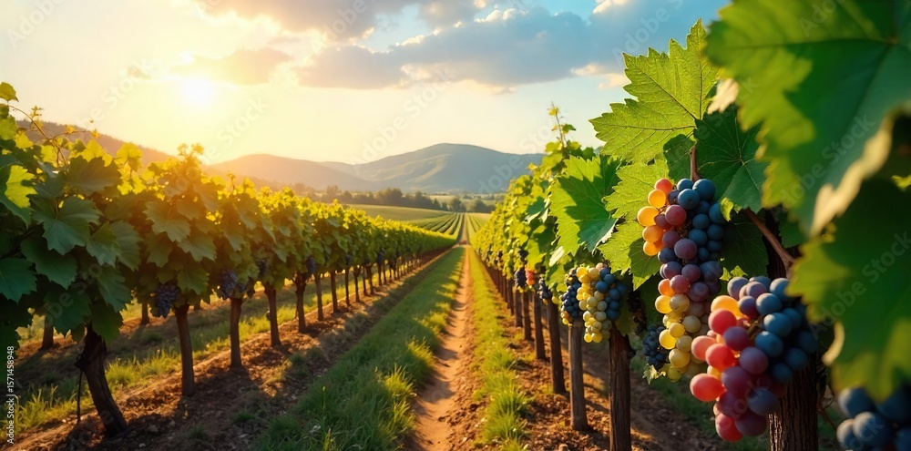 Fototapeta premium Sun-Drenched Vineyard Rows at Harvest Ripe Grapes Ready for Winemaking, Picturesque Landscape Perfect for Wine Labels and Advertising