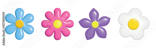 3d Plasticine Flower Set with Narcissus, Chamomile, Clay Elements, Colorful Sculpted Garden Designs for Spring & Summer, Vector Illustration.