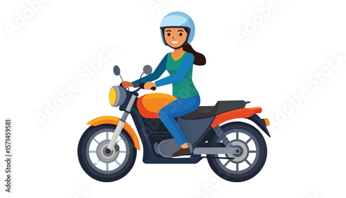 Smiling woman riding a motorcycle, wearing a helmet, enjoying a ride.