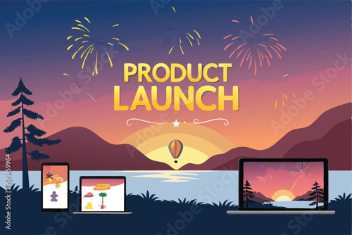 Vector launch scene with celebratory banner, fireworks, confetti explosion, and spotlight. Modern, flat design.