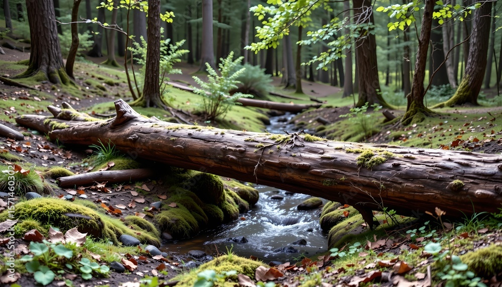Obraz premium an idyllic natural setting featuring a small creek with clear water, passing under a sturdy wooden bridge