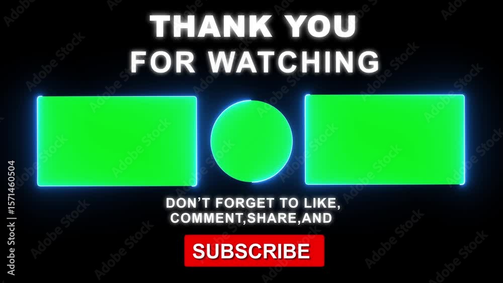 Animated end screen with green screen placeholders for customizable logos and text. Social Media Lower Third YouTube End Screen ,Live Streaming Overlay Subscribe text Animation On Air Neon Glow Sign ,