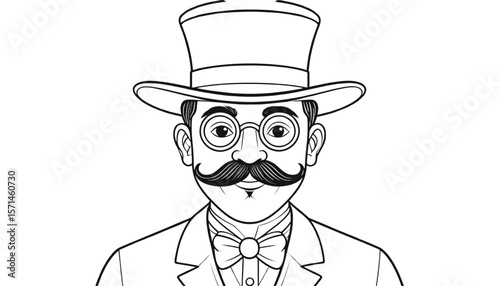 Black and white illustration of a man in vintage attire, featuring a top hat, mustache, and glasses.