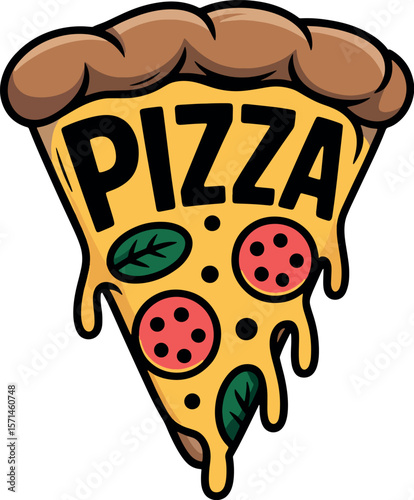 Cartoon Pizza Slice Vector Illustration – Melty Cheese T-Shirt Design with Pepperoni and Basil
