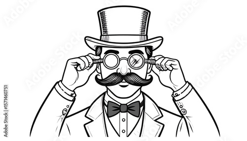 A distinguished gentleman, wearing a top hat and monocle, adjusts his spectacles with a refined air.