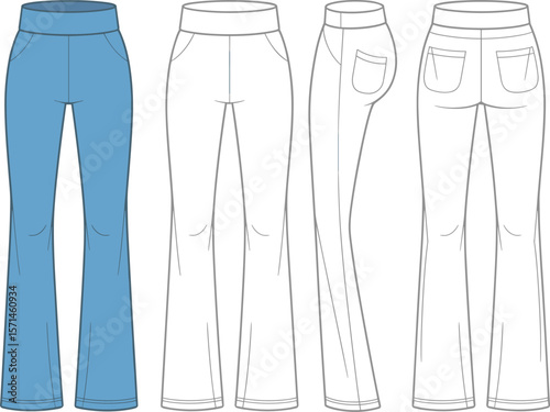 Women's Flare Leggings Flat Sketch Technical Drawing, High Waist Design, Yoga Pants Apparel Mockup, Front Side Back Views, Comfortable Activewear Vector Illustration.