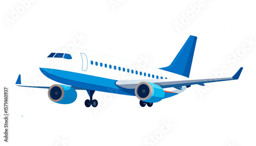 A blue and white passenger airplane with two engines, landing gear, and a tail fin, depicted on a white background.