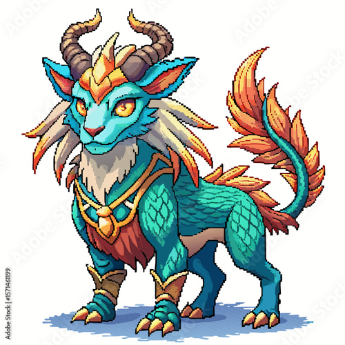 Colorful Mythical Creature with Horns and Feathers in Fantasy Art Style